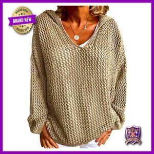Plus Size Long Sleeve Crochet Knit Hoodie Sweater Pullover Drop Shoulder